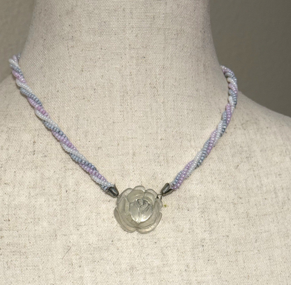 Vintage Carved Frosted Lucite Rose Flower Necklace Twisted Seed Bead Rope 17"